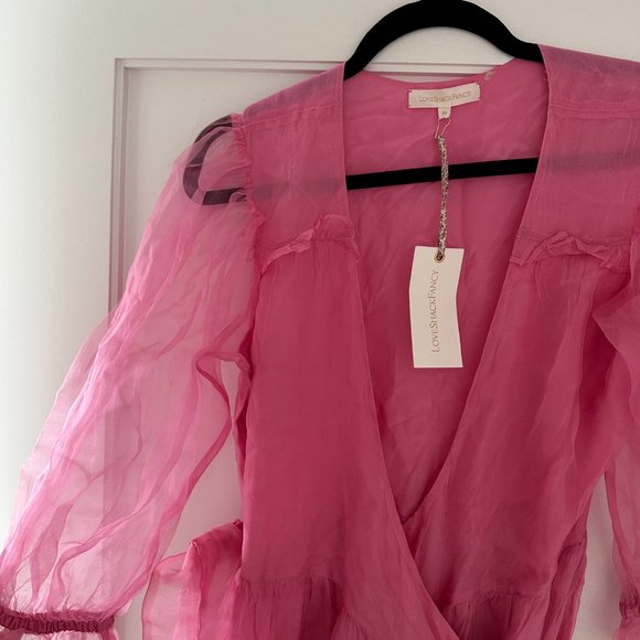 LoveShackFancy Stormi Maxi Dress Sz M Pink Silk Chiffon Wrap Style Tiered Skirt - Picture 8 of 12